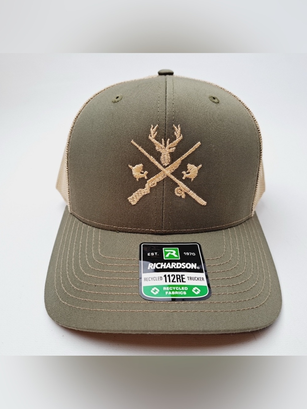 Deer Hunting Fishing Guns Richardson 112 Trucker Mesh SnapBack Hat Loden/Tan